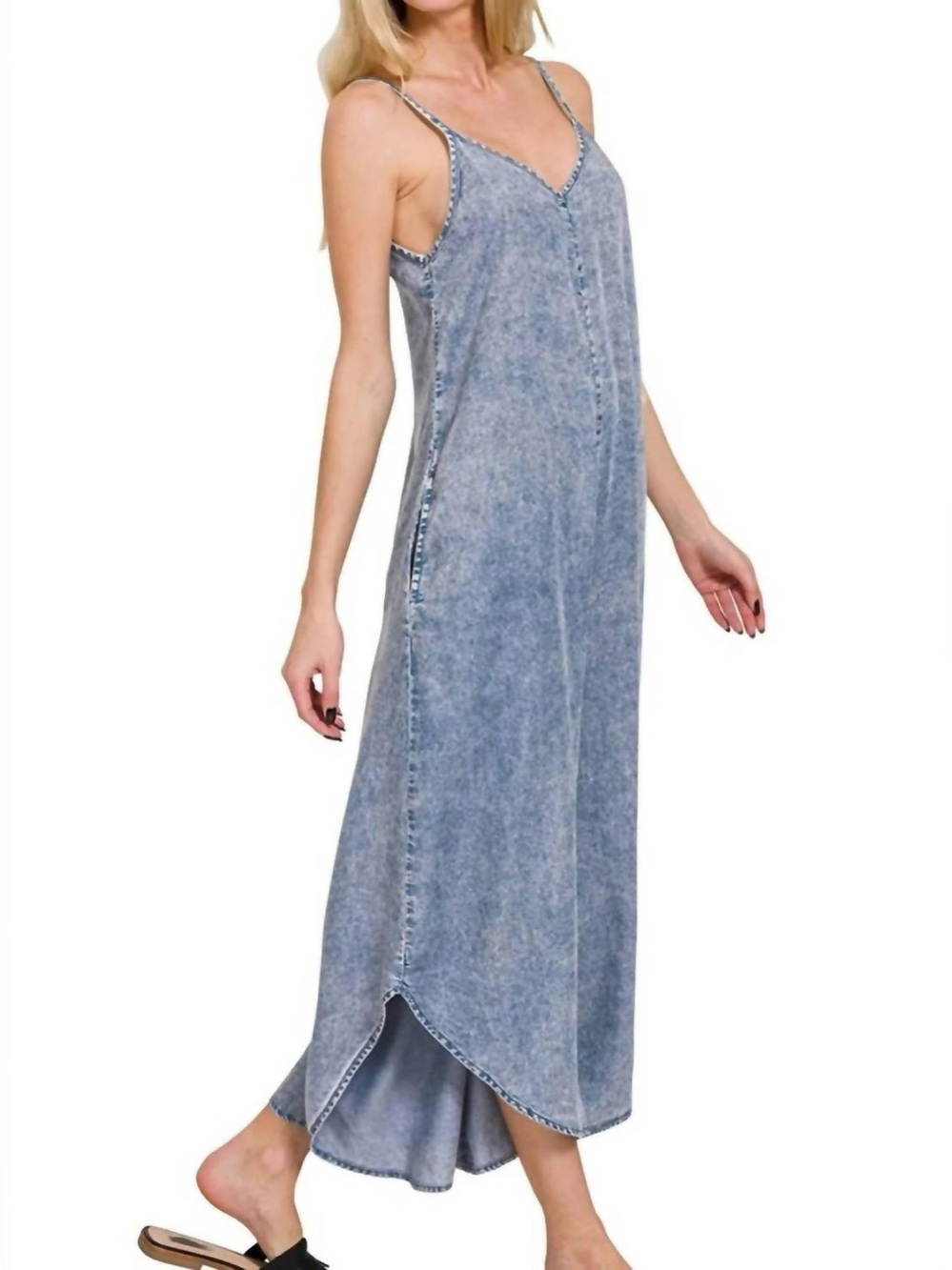 🆕 FREE Cami w/Purchase Acid-Washed Wide Leg Jumpsuit w/Pockets Boho Chambray - Picture 4 of 4